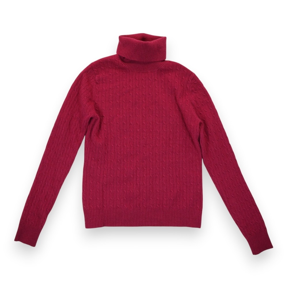 TWEEDS Turtleneck 100% 2-Ply CASHMERE Large Burgundy CABLE-KNIT Sweater Women's